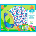 Embalagem do kit Djeco "É tudo sobre pontos" com um pavão azul, cartões de atividades e marcadores de espuma, indicando idade +18 meses.