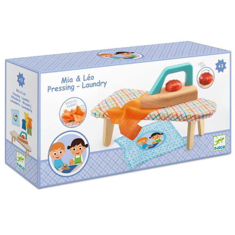 Caixa do brinquedo Djeco "Mia & Léo Pressing - Laundry", mostrando o conjunto completo e a indicação de idade recomendada +3 anos.