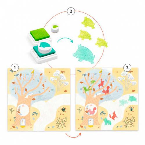 Ilustração passo a passo mostrando como usar os carimbos Djeco Out and About Animais para criar imagens nos cartões fornecidos.