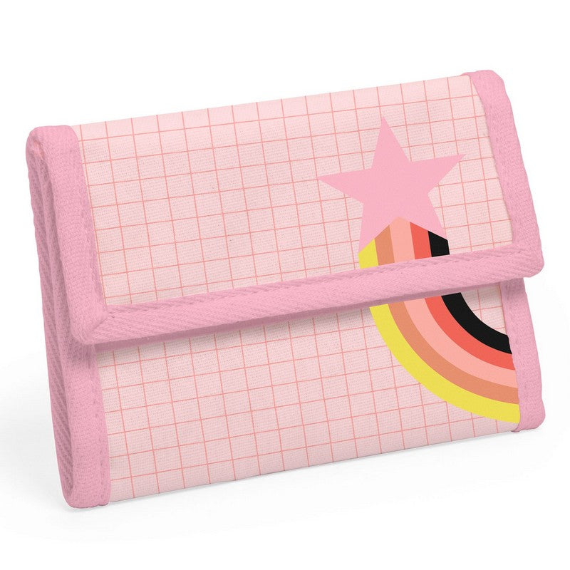 Carteira infantil Djeco Pop com padrão quadriculado rosa, estrela rosa e rasto de arco-íris, fechada com velcro.