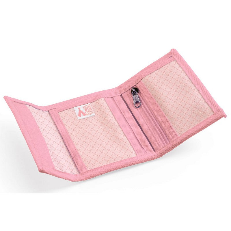 Carteira infantil Djeco Pop com padrão quadriculado rosa, estrela rosa e rasto de arco-íris, fechada com velcro.