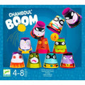 Embalagem do jogo Djeco Chamboul Boom, mostrando 10 cones coloridos com caras de personagens e uma bola amarela, sobre fundo azul.