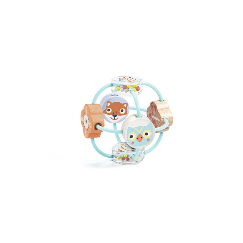 Djeco chocalho esfera com espelho para bebé com faces de animais e contas coloridas.