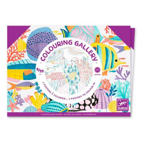 Capa do Djeco Colouring Gallery - Japão, mostrando ilustrações coloridas de temática marinha e japonesa, com o título "Colouring Gallery".