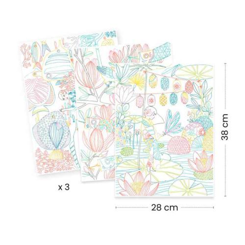 Conjunto de 3 posters para colorir do Japão, mostrando os desenhos a traço fino, com indicação das dimensões: 38 cm x 28 cm.
