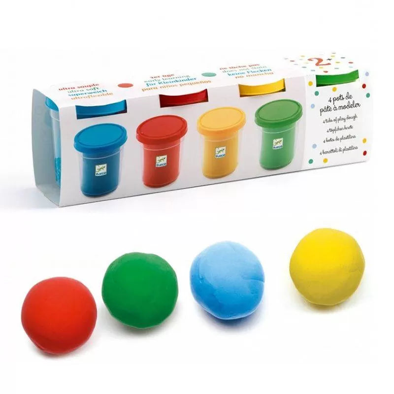 Conjunto de 4 potes de plasticina Djeco em cores primárias azul amarelo vermelho e verde para crianças