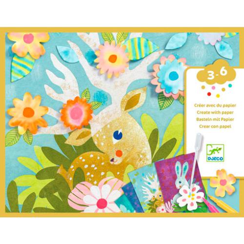 Capa do kit Djeco Criar com Água, mostrando um veado dourado entre folhagem colorida e flores, com indicação de idade 3-6 anos.