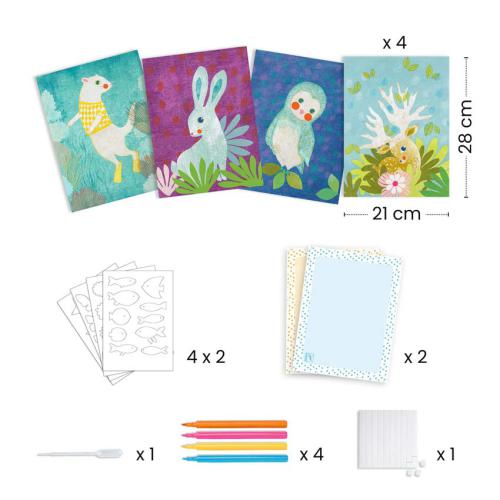 Conteúdo completo do kit Djeco: 4 cartões de animais (lhama, coelho, coruja, veado), marcadores, autocolantes e conta-gotas de água, com dimensões indicadas.