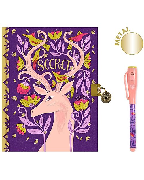 Diário Djeco Melissa com capa roxa de veado e aves, caneta mágica rosa com luz UV e cadeado.