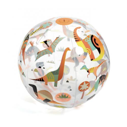 Bola insuflável Djeco Dino Ball de 35cm com ilustrações coloridas de dinossauros, vista frontal sobre fundo branco.