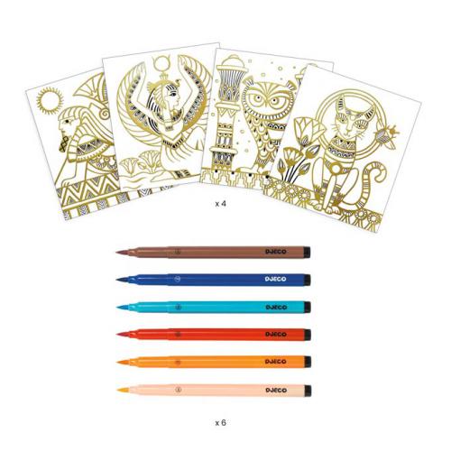 Detalhe das quatro ilustrações do kit de colorir Djeco Egipto e as seis canetas de feltro incluídas.