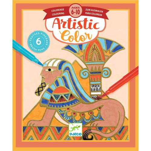Caixa do kit de colorir Djeco Egipto com canetas de feltro, mostrando desenhos egípcios e o nome da coleção Artistic Color.