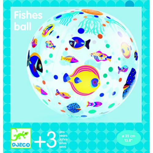 Bola insuflável Djeco Fishes Ball 35cm com ilustrações de peixes e informações de idade/tamanho na embalagem.