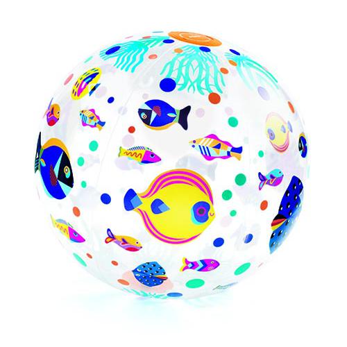 Bola insuflável Djeco Fishes Ball 35cm transparente com vibrantes ilustrações de peixes coloridos.