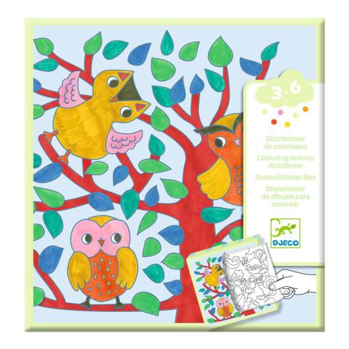 Caixa do Dispensador de Atividades de Colorir Djeco com tema de floresta, mostrando corujas e pássaros coloridos em ilustrações vibrantes.