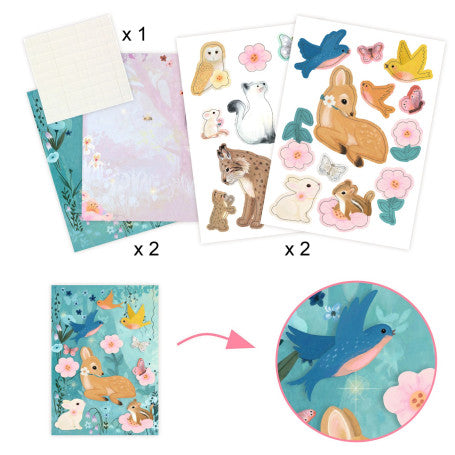 Caixa de atividades Djeco Fluffy Box com ilustrações de raposa, esquilo, pássaros e borboletas em tons pastel, mostrando exemplos de atividades como pintura e modelagem 3D.