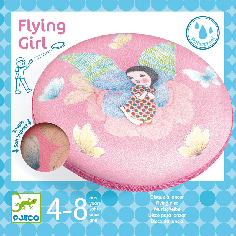 Embalagem do disco voador em espuma Djeco Flying Girl em tons de rosa, com ilustração de uma fada e indicação de idade 4-8 anos e material à prova de água.