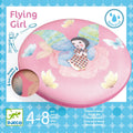 Embalagem do disco voador em espuma Djeco Flying Girl em tons de rosa, com ilustração de uma fada e indicação de idade 4-8 anos e material à prova de água.