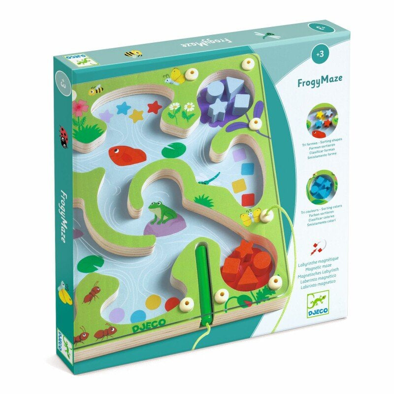 Caixa do jogo de classificação magnético Djeco FrogyMaze, com ilustrações coloridas de lago e animais, indicando +3 anos.