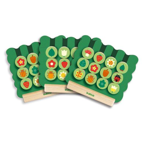 Conjunto de cartões modelo para o jogo Djeco Gardimix mostrando diferentes sequências de imagens de jardim.