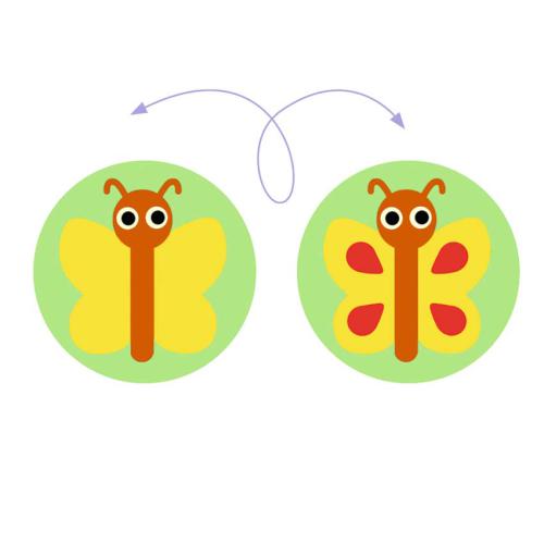 Ilustração detalhada mostrando como uma peça do Djeco Gardimix tem imagens diferentes em cada lado (borboleta).