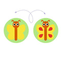 Ilustração detalhada mostrando como uma peça do Djeco Gardimix tem imagens diferentes em cada lado (borboleta).
