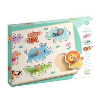 Puzzle de madeira Hippo n Co da Djeco com pegas grandes e animais da selva coloridos para bebes.