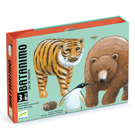 Caixa do jogo de cartas Djeco Batanimo com ilustrações de tigre, urso, pinguim e ouriço.