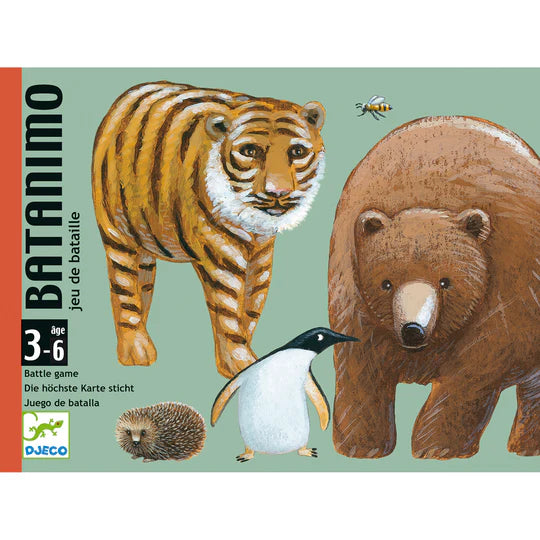Detalhe da caixa do jogo de cartas Djeco Batanimo com ilustrações de tigre, urso e pinguim.