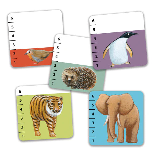 Cartas do jogo Djeco Batanimo mostrando animais (pinguim, ouriço, tigre, elefante) com escala de tamanho.