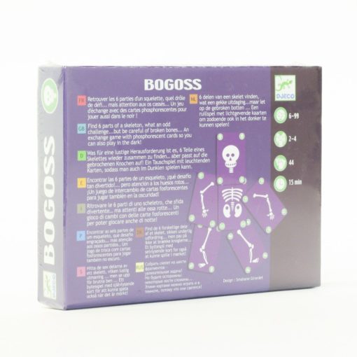 Parte de trás da caixa do jogo Djeco Bogoss com informações sobre idade, jogadores e descrição em várias línguas.