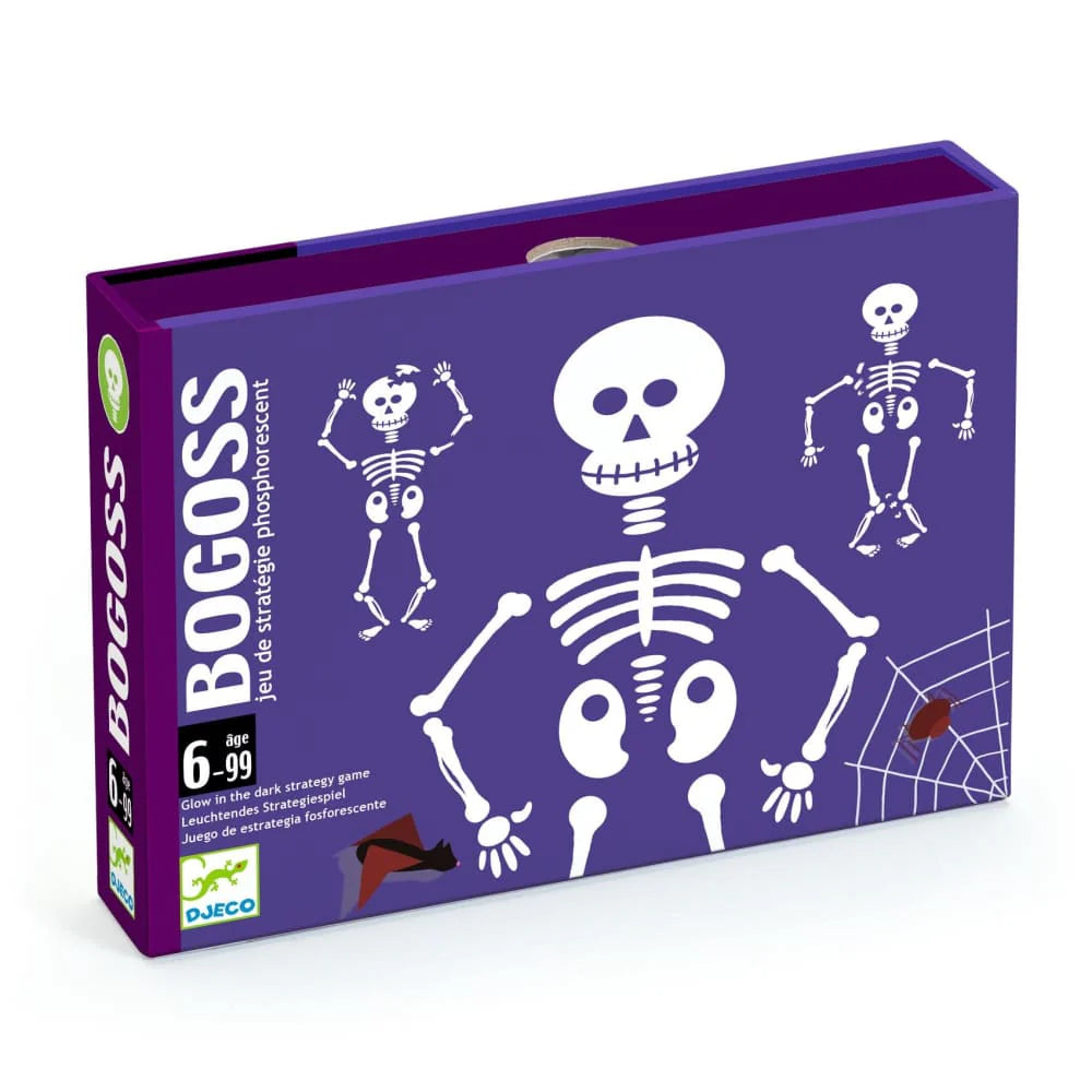 Caixa do jogo de cartas Djeco Bogoss fluorescente com desenhos de esqueletos.
