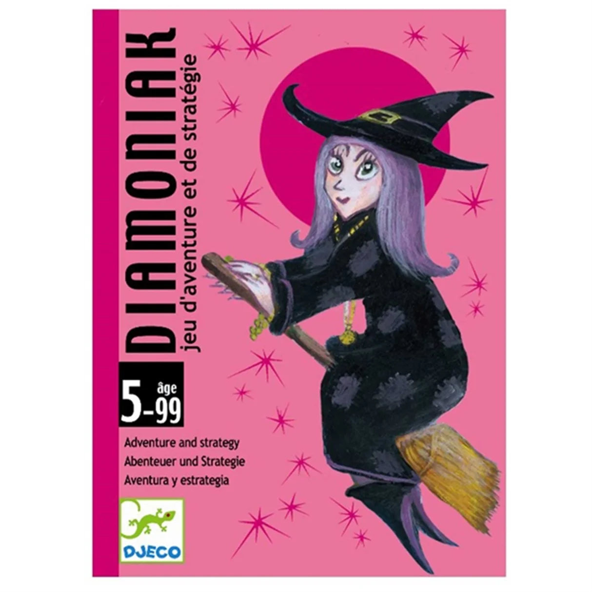 Caixa do Djeco Jogo de Cartas de Estratégia DIAMONIAK com ilustração de bruxa a voar.