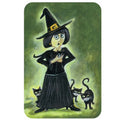 Ilustração de uma carta do jogo Djeco DIAMONIAK com uma bruxa e gatos pretos.