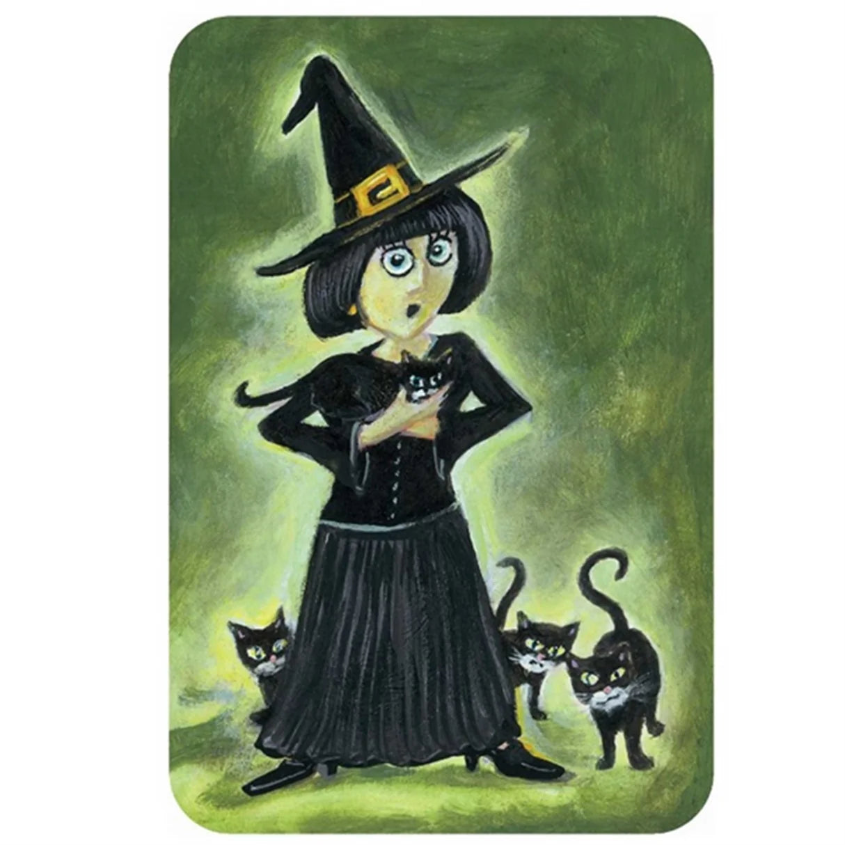 Ilustração de uma carta do jogo Djeco DIAMONIAK com uma bruxa e gatos pretos.