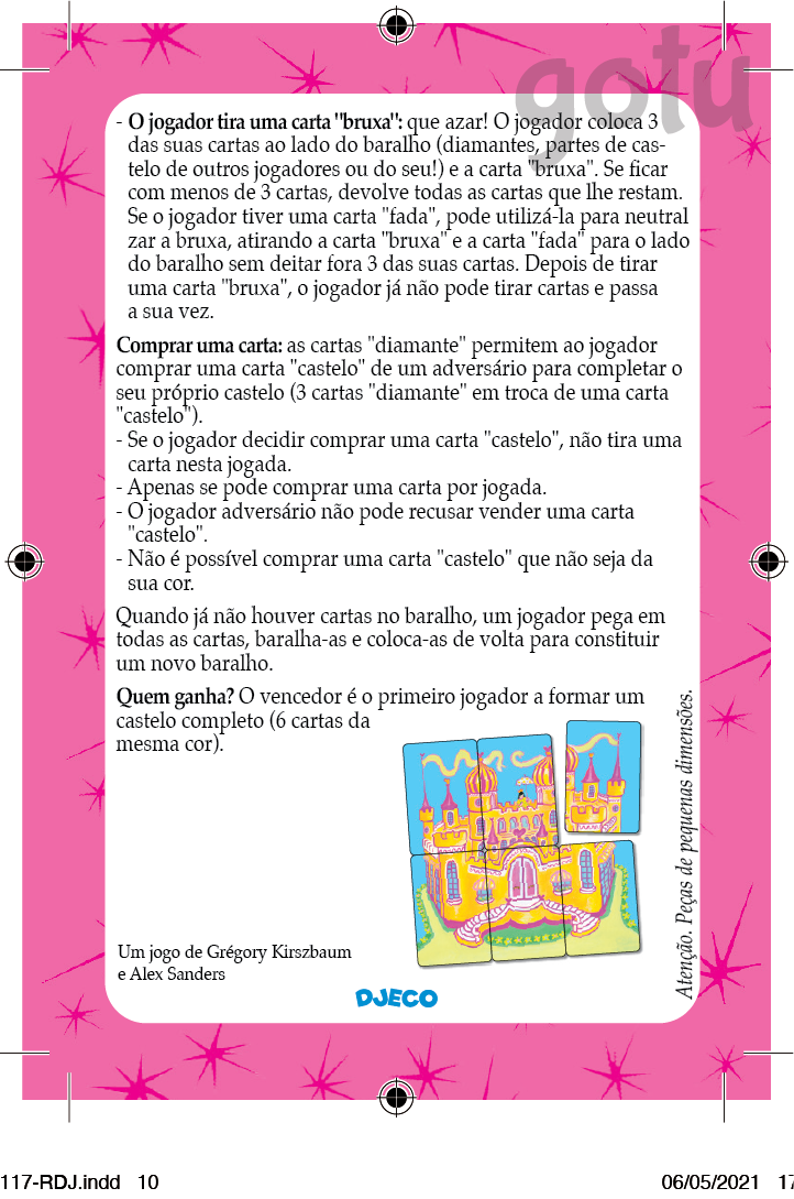 Imagem com texto explicativo das regras do jogo Djeco DIAMONIAK e ilustração de castelo.