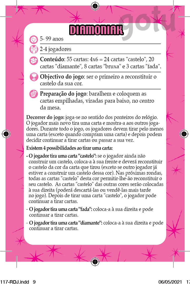 Imagem com resumo das informações do jogo Djeco DIAMONIAK e regras.