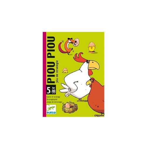 Djeco Jogo de Cartas de Estratégia PIOU PIOU - Capa da caixa com ilustrações de galinhas e raposa.