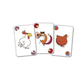 Três cartas do jogo Djeco PIOU PIOU mostrando ilustrações de galinha, raposa com ovo e galinha castanha.