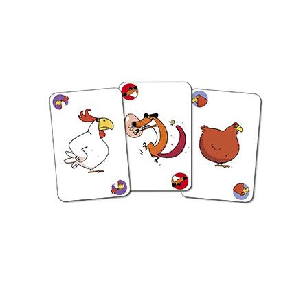 Três cartas do jogo Djeco PIOU PIOU mostrando ilustrações de galinha, raposa com ovo e galinha castanha.