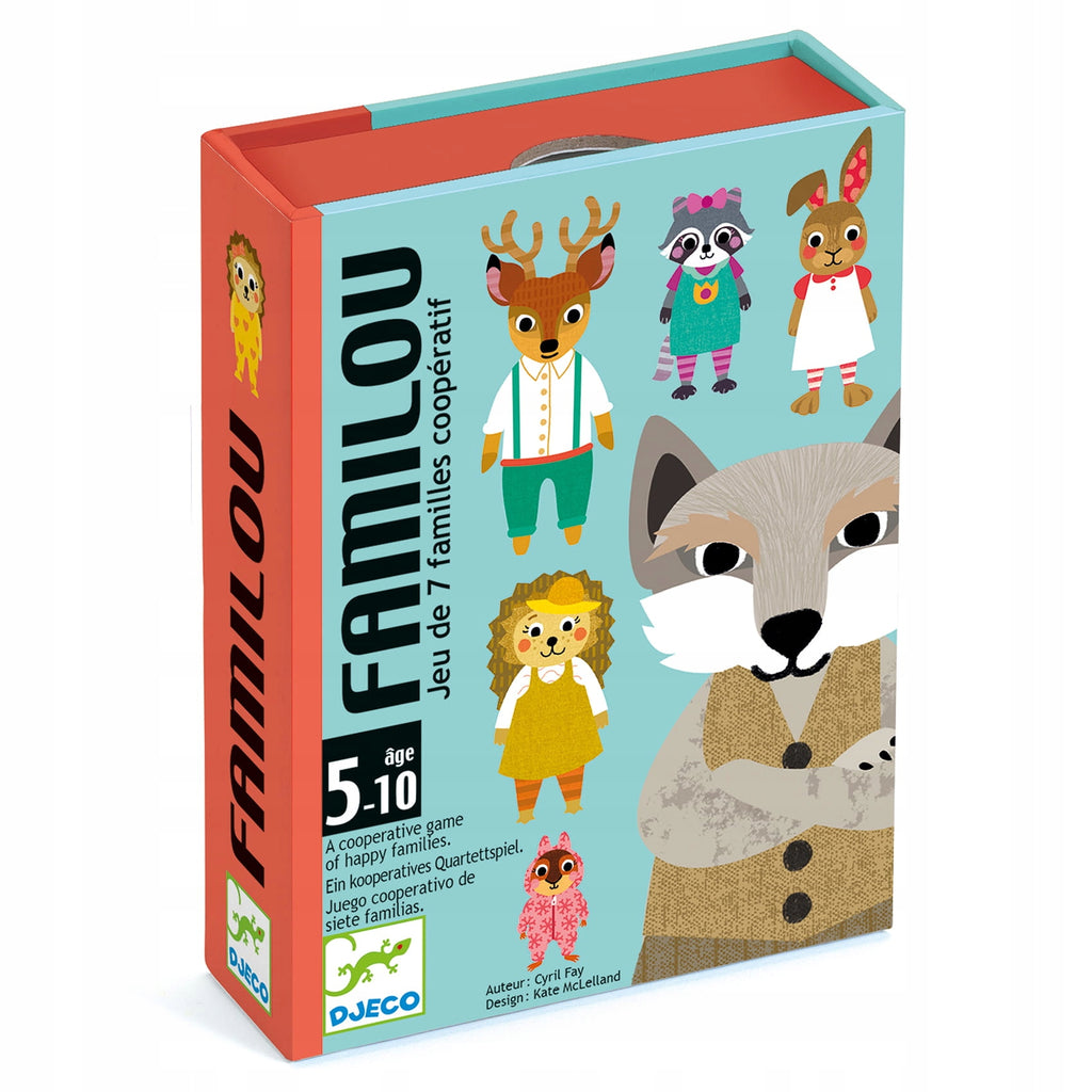Caixa do jogo de cartas Djeco FAMILOU, com ilustração de animais e lobo, indicando idade 5-10 anos.