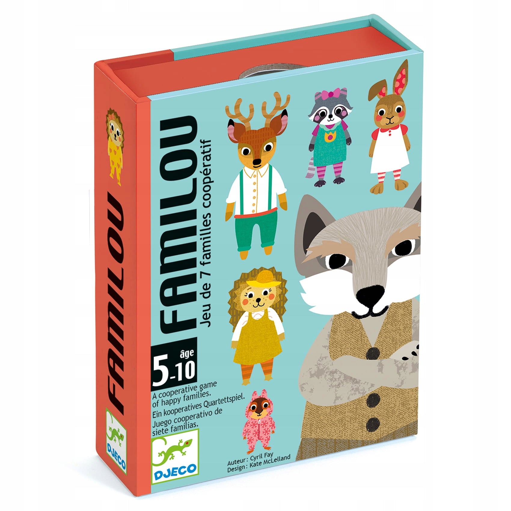 Caixa do jogo de cartas Djeco FAMILOU, com ilustração de animais e lobo, indicando idade 5-10 anos.