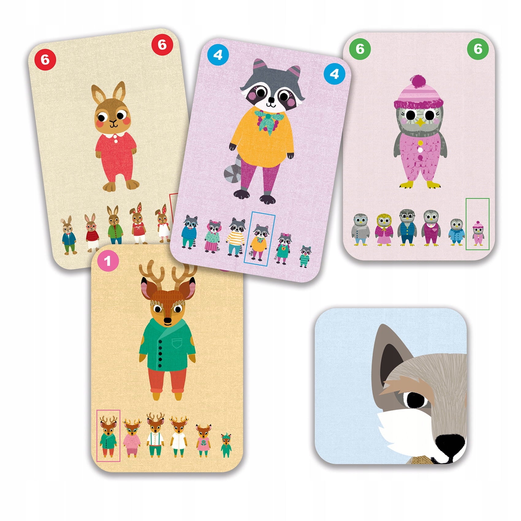 Várias cartas do jogo Djeco FAMILOU, mostrando ilustrações de famílias de animais (coelho, guaxinim, coruja, veado) e a carta do lobo.