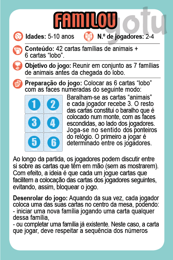 Regras do jogo de cartas Djeco FAMILOU, detalhando idade, jogadores, conteúdo e objetivo.