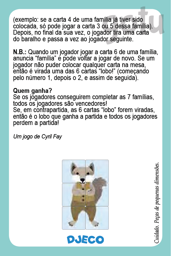 Continuação das regras do jogo Djeco FAMILOU, explicando como jogar e ganhar/perder, com imagem do lobo.