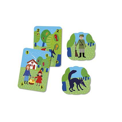 Jogo de cartas Djeco Méchanloup com ilustrações do Capuchinho Vermelho, caçador e lobo.