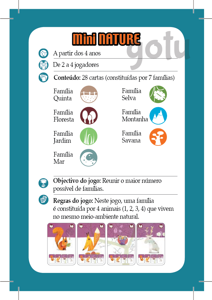 Conteúdo e objetivo do jogo Djeco Mini Nature, mostrando as 7 famílias de animais.