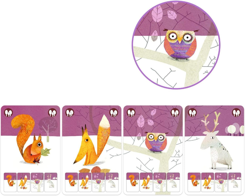 Ilustrações detalhadas de cartas do jogo Djeco Mini Nature com esquilo, raposa, coruja e veado.