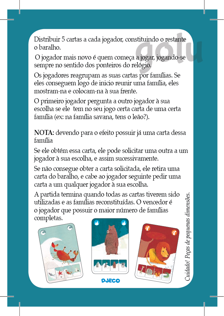 Regras de jogo do Djeco Mini Nature ilustradas com exemplos de cartas de animais.