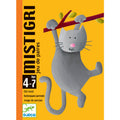 Capa do jogo de cartas Djeco Mistigri, mostrando um gato cinzento pendurado num ramo, fundo amarelo vibrante.